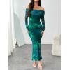 imageLILLUSORY Off The Shoulder Bodycon Floral Dress 2025 Fall Long Sleeve Maxi Wedding Guest Cocktail Going Out Club DressesBlue Green