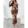 imageLILLUSORY Off The Shoulder Bodycon Floral Dress 2025 Fall Long Sleeve Maxi Wedding Guest Cocktail Going Out Club DressesCoffee