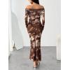 imageLILLUSORY Off The Shoulder Bodycon Floral Dress 2025 Fall Long Sleeve Maxi Wedding Guest Cocktail Going Out Club DressesCoffee