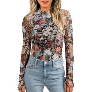 imageLILLUSORY Lace Long Sleeve Floral Mesh Mockneck Going Out Tops for Women Spring Fashion 2025Floralfierce