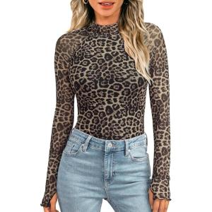 imageLILLUSORY Lace Long Sleeve Floral Mesh Mockneck Going Out Tops for Women Spring Fashion 2025Leopardprint