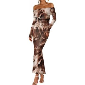 imageLILLUSORY Off The Shoulder Bodycon Floral Dress 2025 Fall Long Sleeve Maxi Wedding Guest Cocktail Going Out Club DressesCoffee