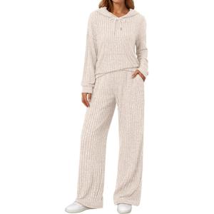 imageLILLUSORY Women 2 Piece Lounge Pajamas Sets Ribbed Knit Long Sleeve Sweater Hoodies Pants Matching Set 2025 Fall OutfitsApricot
