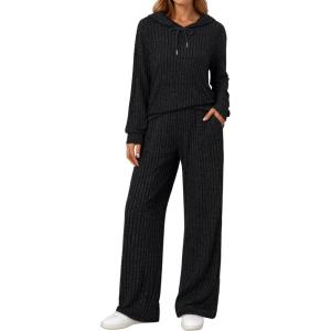 imageLILLUSORY Women 2 Piece Lounge Pajamas Sets Ribbed Knit Long Sleeve Sweater Hoodies Pants Matching Set 2025 Fall OutfitsBlack