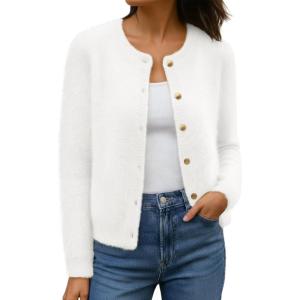imageLILLUSORY Womens Chunky Cardigan Sweaters Fall Lightweight Cozy Jacket Outfit Fuzzy Knit Button Up Warm Clothes TrendyWhite