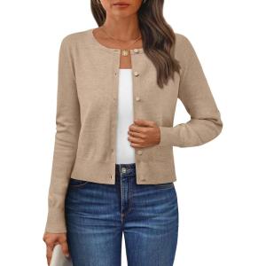 imageLILLUSORY Womens Cropped Cardigan Crew Neck Lightweight Crop Sweaters Fall Cute Button Down Knit Clothes 2025Apricot