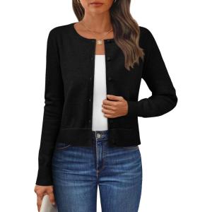 imageLILLUSORY Womens Cropped Cardigan Crew Neck Lightweight Crop Sweaters Fall Cute Button Down Knit Clothes 2025Black