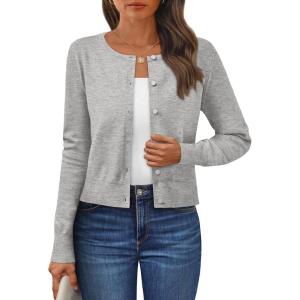 imageLILLUSORY Womens Cropped Cardigan Crew Neck Lightweight Crop Sweaters Fall Cute Button Down Knit Clothes 2025Grey