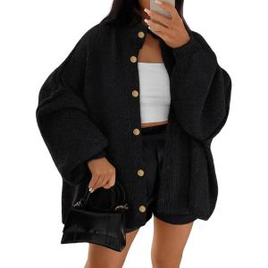 imageLILLUSORY Womens Oversized Chunky Knit Cardigan Sweaters Long Lantern Sleeve Button Down Cozy Trendy JacketBlack