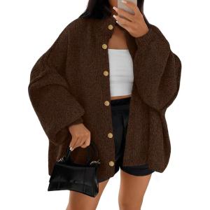 imageLILLUSORY Womens Oversized Chunky Knit Cardigan Sweaters Long Lantern Sleeve Button Down Cozy Trendy JacketBrown