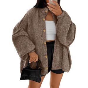 imageLILLUSORY Womens Oversized Chunky Knit Cardigan Sweaters Long Lantern Sleeve Button Down Cozy Trendy JacketCamel