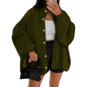 imageLILLUSORY Womens Oversized Chunky Knit Cardigan Sweaters Long Lantern Sleeve Button Down Cozy Trendy JacketGreen
