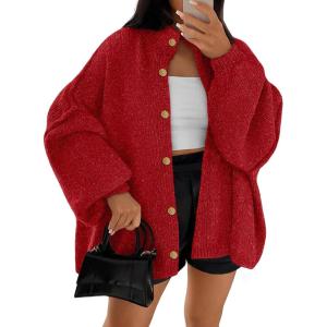 imageLILLUSORY Womens Oversized Chunky Knit Cardigan Sweaters Long Lantern Sleeve Button Down Cozy Trendy JacketHeather Red