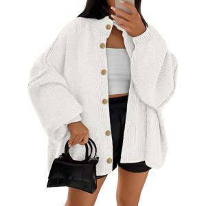 imageLILLUSORY Womens Oversized Chunky Knit Cardigan Sweaters Long Lantern Sleeve Button Down Cozy Trendy JacketWhite