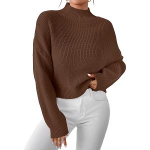 imageLILLUSORY Womens Turtleneck Mock Cropped Sweaters Winter Cute Oversized Knit Trendy Tops Fashion Long Sleeve Fall ClothesBrown