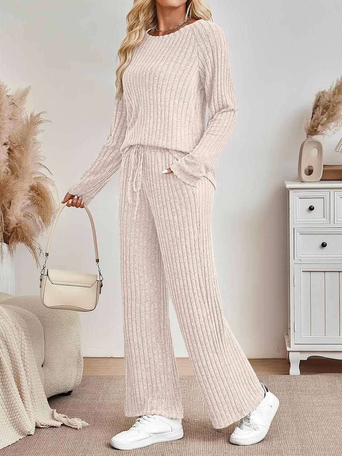 imageLILLUSORY 2 Piece Lounge Sets for Women Matching Casual Pajamas Fall Fashion 2025 Outfits Long Sleeve Ribbed Knit SweatsuitsApricot