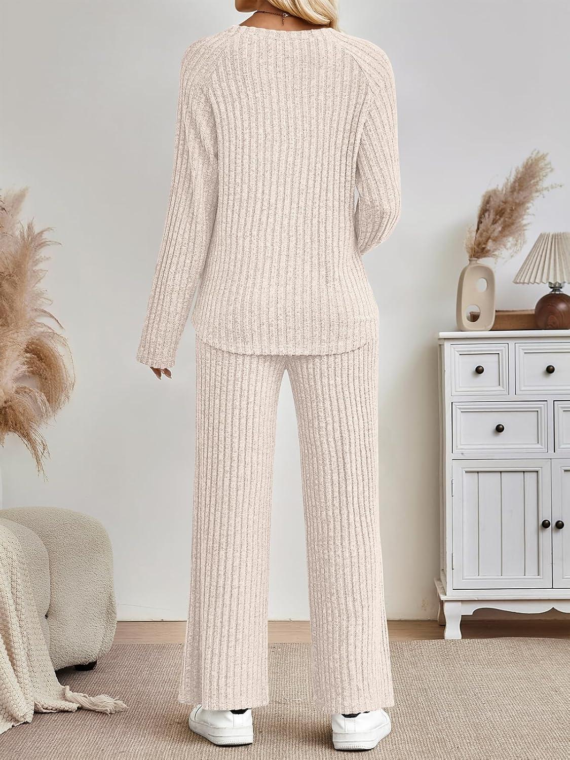 imageLILLUSORY 2 Piece Lounge Sets for Women Matching Casual Pajamas Fall Fashion 2025 Outfits Long Sleeve Ribbed Knit SweatsuitsApricot