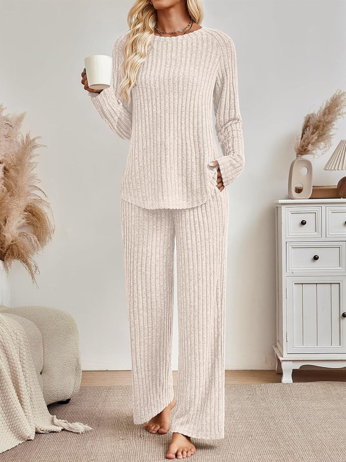 imageLILLUSORY 2 Piece Lounge Sets for Women Matching Casual Pajamas Fall Fashion 2025 Outfits Long Sleeve Ribbed Knit SweatsuitsApricot
