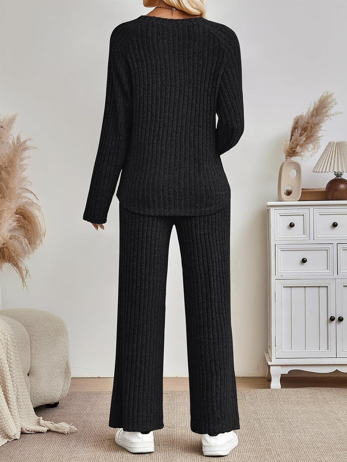 imageLILLUSORY 2 Piece Lounge Sets for Women Matching Casual Pajamas Fall Fashion 2025 Outfits Long Sleeve Ribbed Knit SweatsuitsBlack