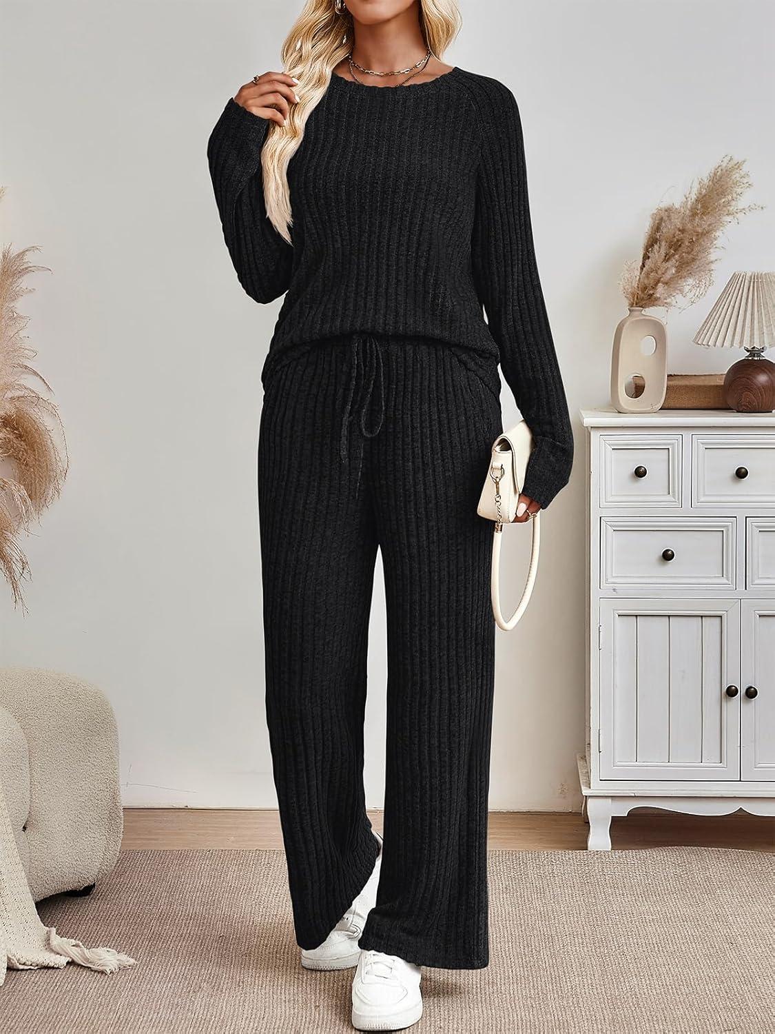 imageLILLUSORY 2 Piece Lounge Sets for Women Matching Casual Pajamas Fall Fashion 2025 Outfits Long Sleeve Ribbed Knit SweatsuitsBlack