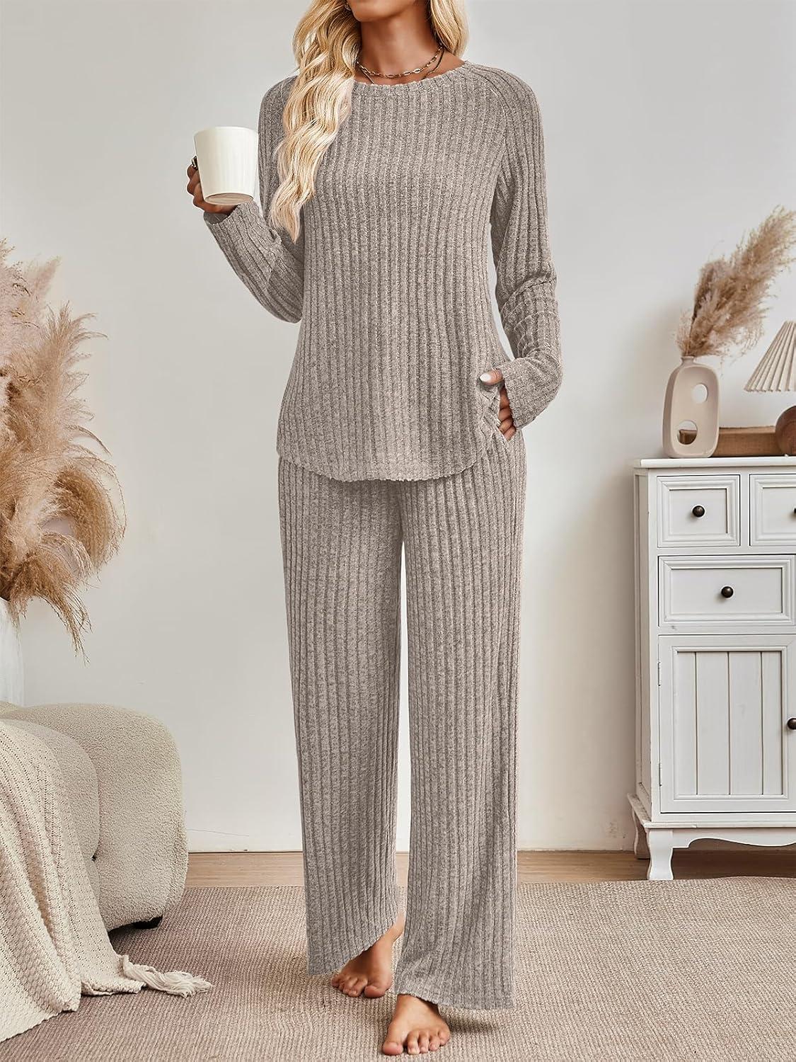 imageLILLUSORY 2 Piece Lounge Sets for Women Matching Casual Pajamas Fall Fashion 2025 Outfits Long Sleeve Ribbed Knit SweatsuitsKhaki