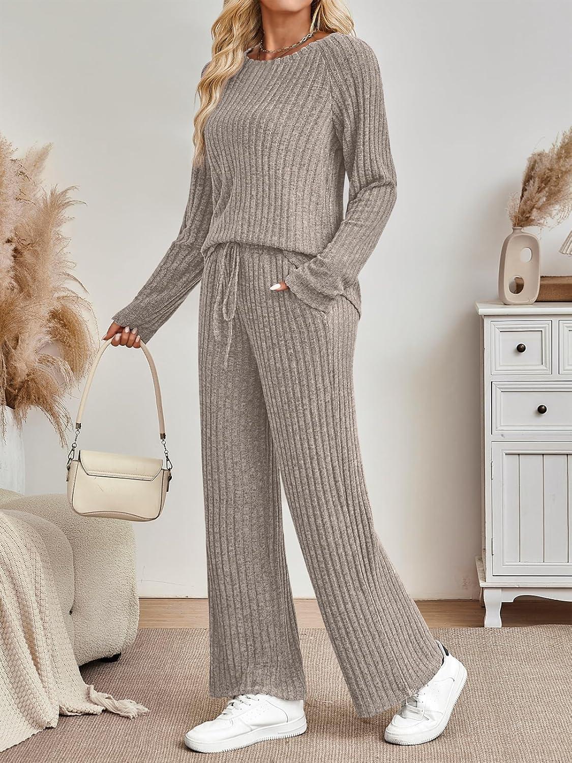 imageLILLUSORY 2 Piece Lounge Sets for Women Matching Casual Pajamas Fall Fashion 2025 Outfits Long Sleeve Ribbed Knit SweatsuitsKhaki