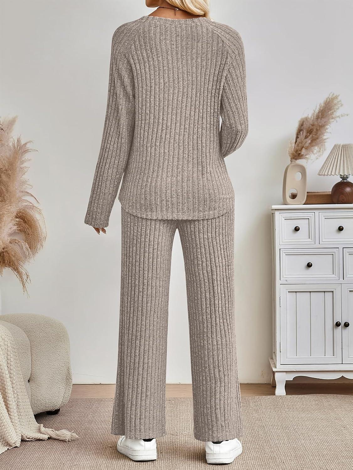 imageLILLUSORY 2 Piece Lounge Sets for Women Matching Casual Pajamas Fall Fashion 2025 Outfits Long Sleeve Ribbed Knit SweatsuitsKhaki