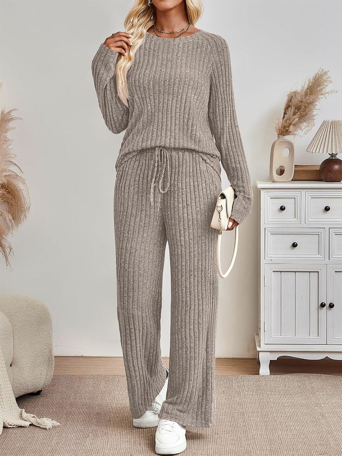 imageLILLUSORY 2 Piece Lounge Sets for Women Matching Casual Pajamas Fall Fashion 2025 Outfits Long Sleeve Ribbed Knit SweatsuitsKhaki