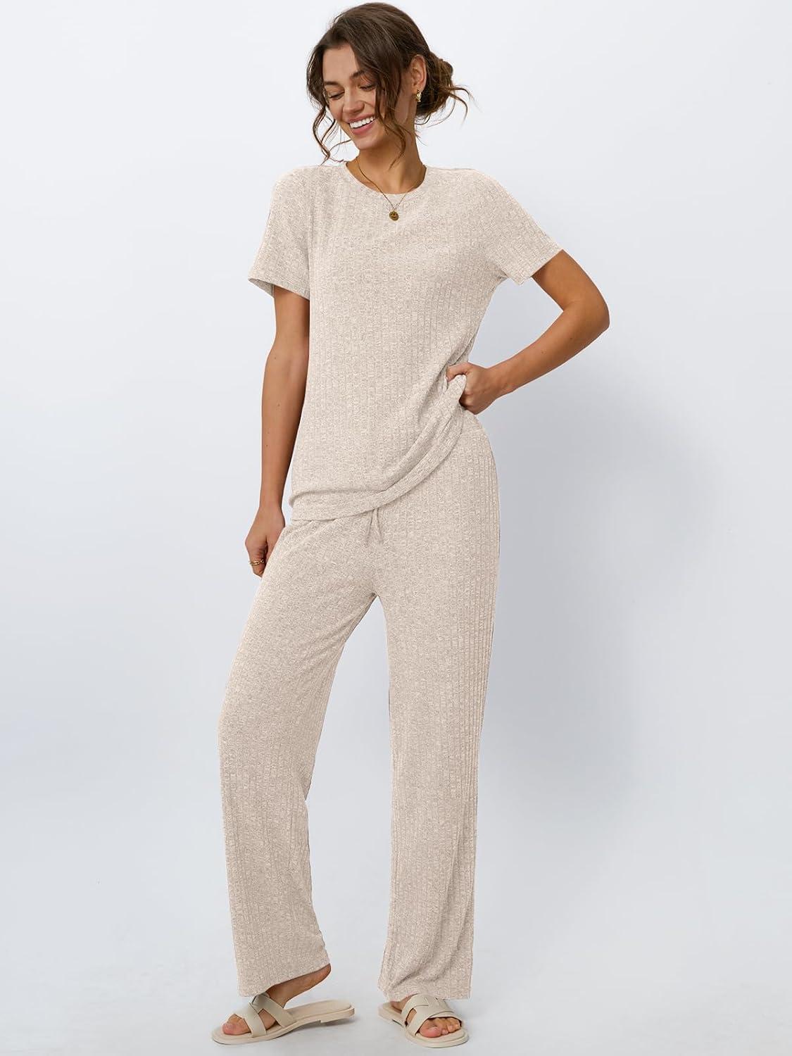 imageLILLUSORY 2 Piece Lounge Sets for Women Sweater Sets Airport Travel Outfits 2025 Sweat Suits Matching Wide Leg PantsApricot