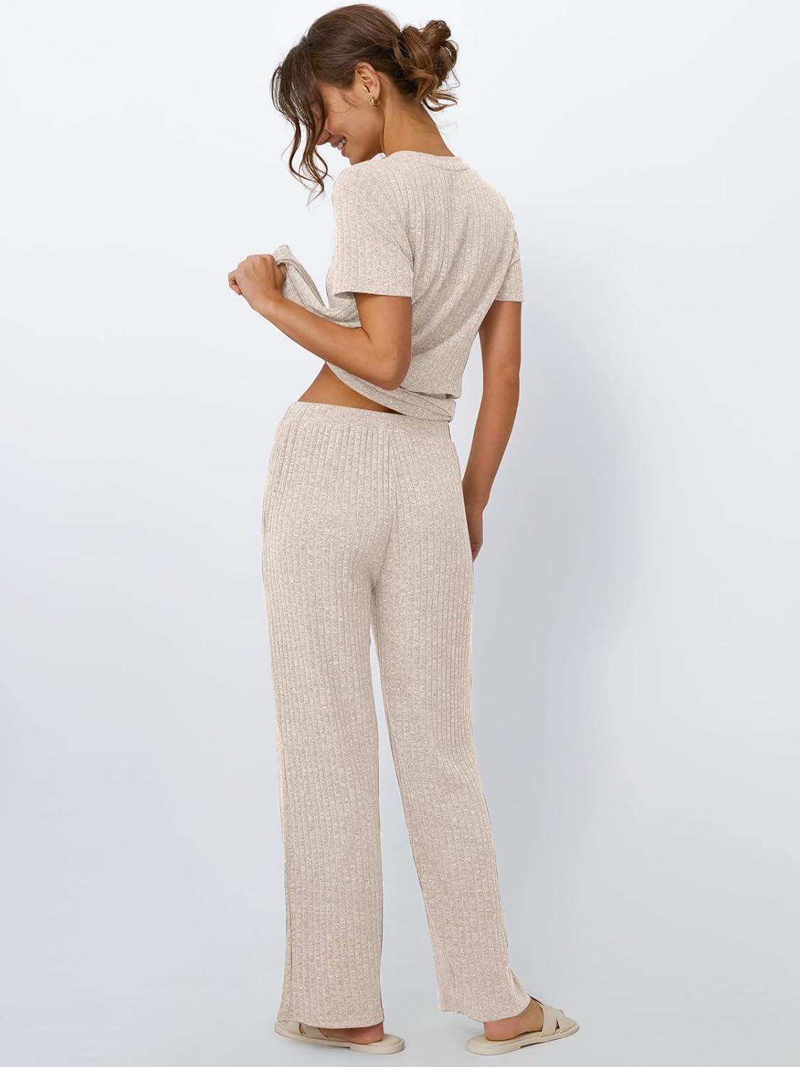 imageLILLUSORY 2 Piece Lounge Sets for Women Sweater Sets Airport Travel Outfits 2025 Sweat Suits Matching Wide Leg PantsApricot