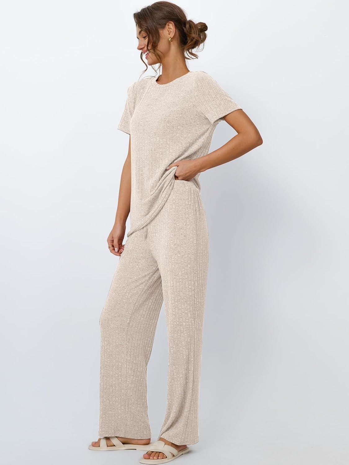 imageLILLUSORY 2 Piece Lounge Sets for Women Sweater Sets Airport Travel Outfits 2025 Sweat Suits Matching Wide Leg PantsApricot