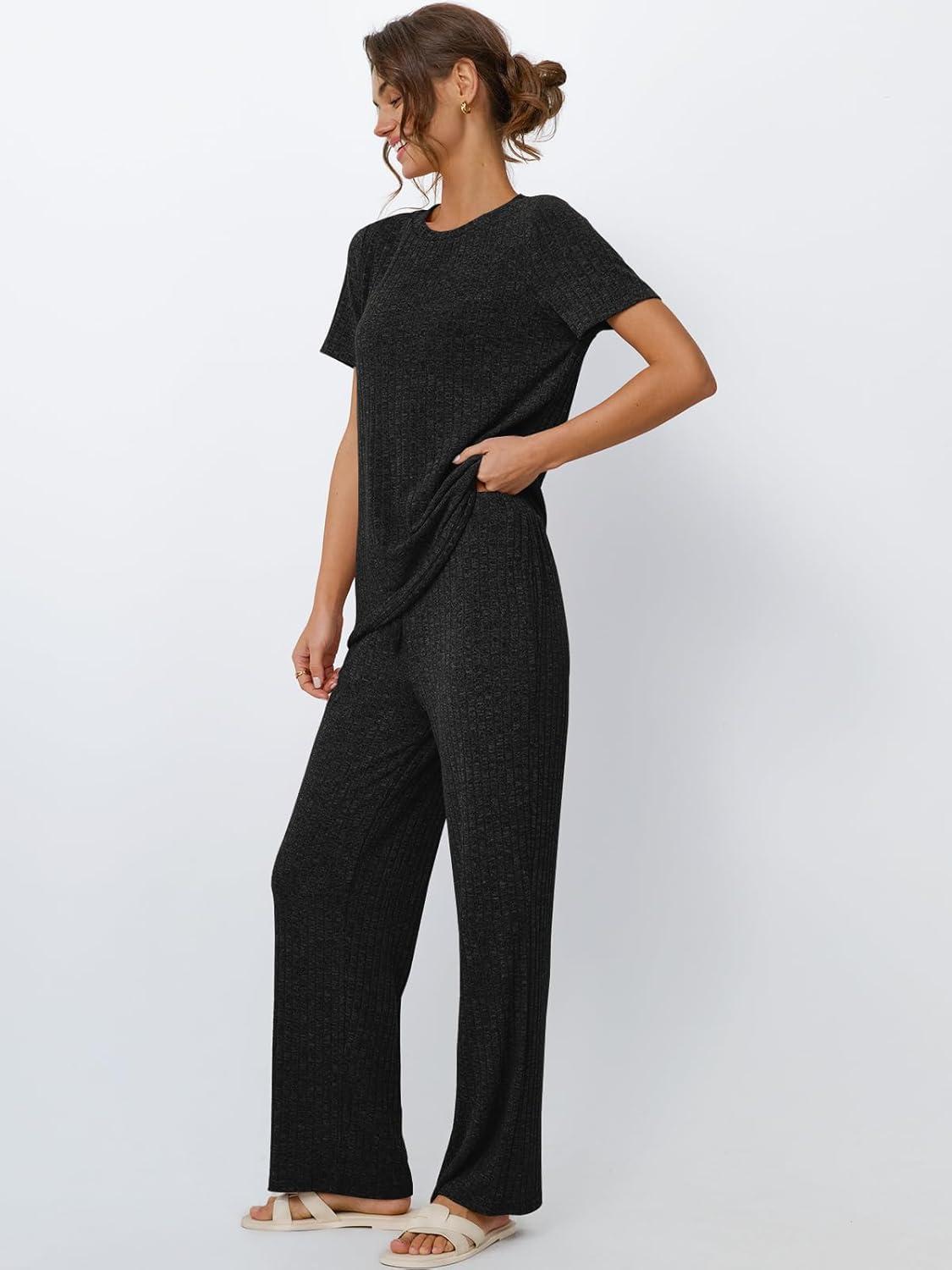 imageLILLUSORY 2 Piece Lounge Sets for Women Sweater Sets Airport Travel Outfits 2025 Sweat Suits Matching Wide Leg PantsBlack