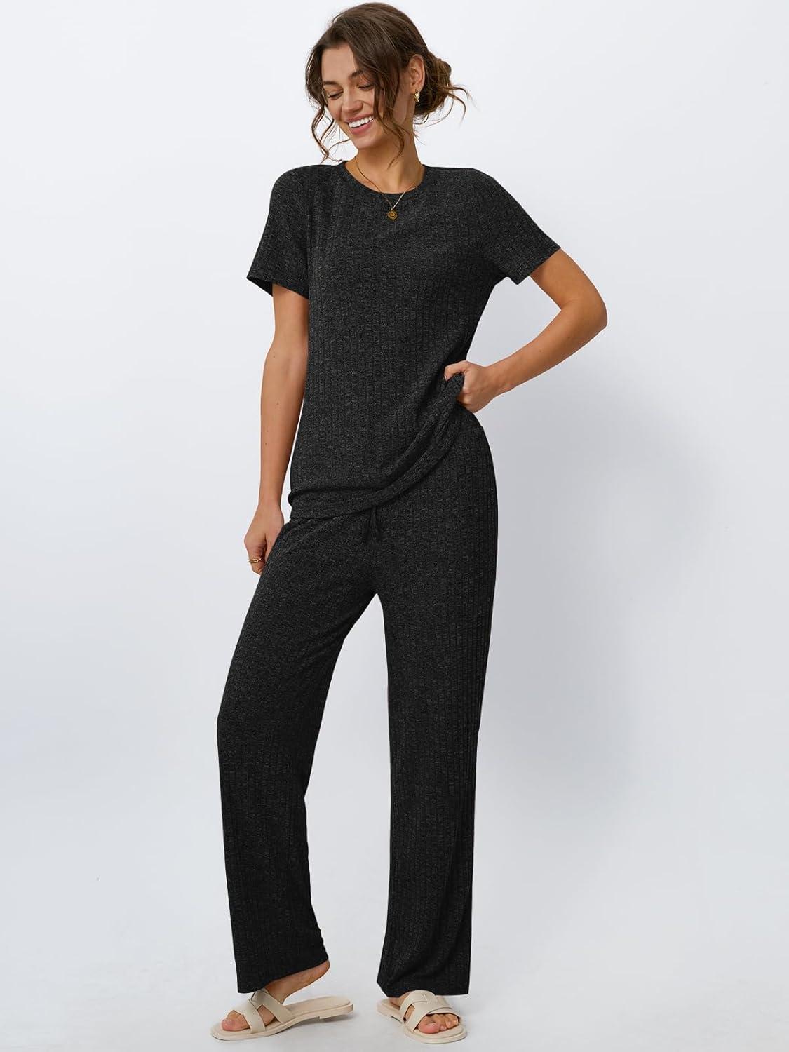 imageLILLUSORY 2 Piece Lounge Sets for Women Sweater Sets Airport Travel Outfits 2025 Sweat Suits Matching Wide Leg PantsBlack