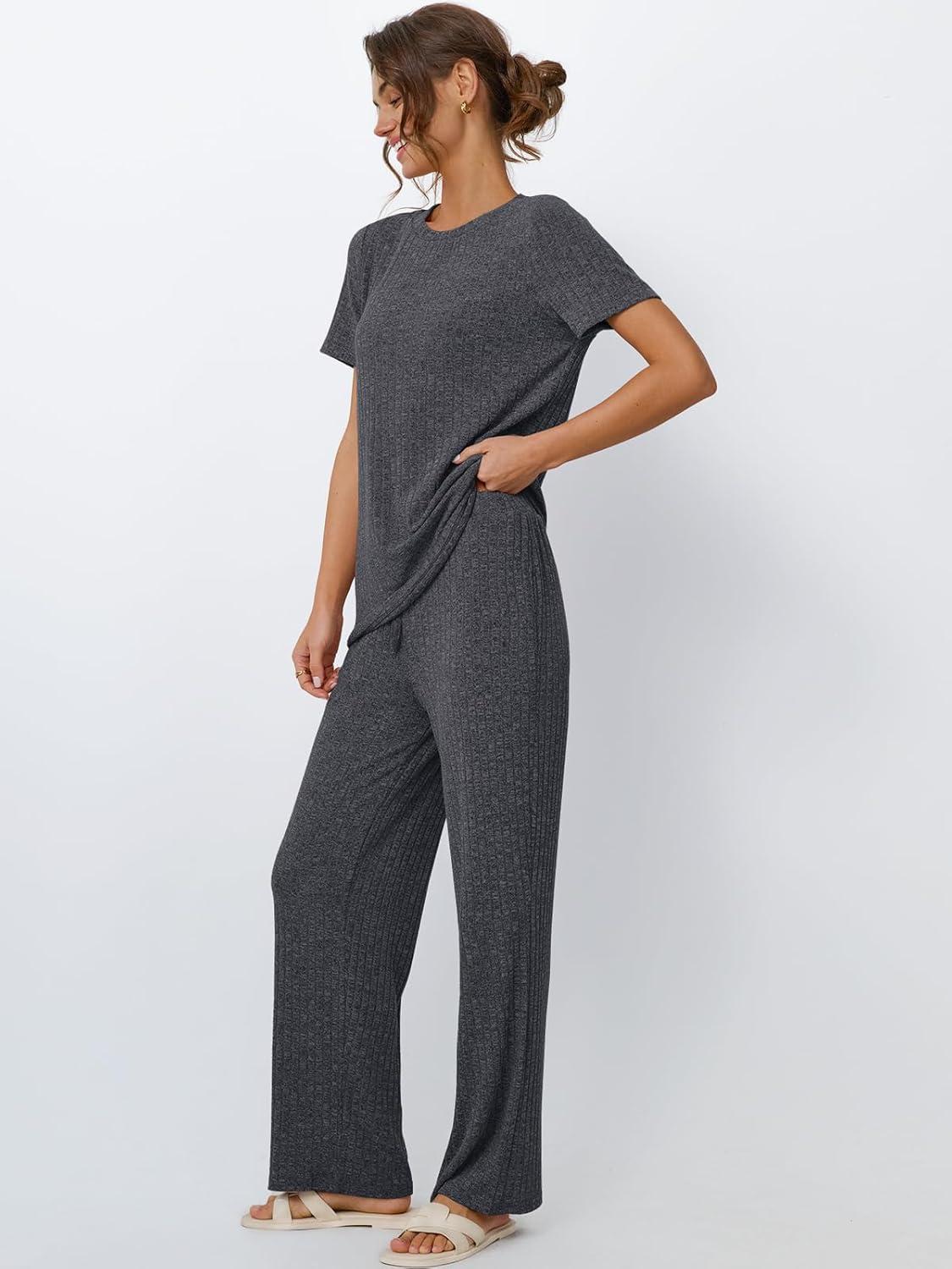 imageLILLUSORY 2 Piece Lounge Sets for Women Sweater Sets Airport Travel Outfits 2025 Sweat Suits Matching Wide Leg PantsBlackgrey
