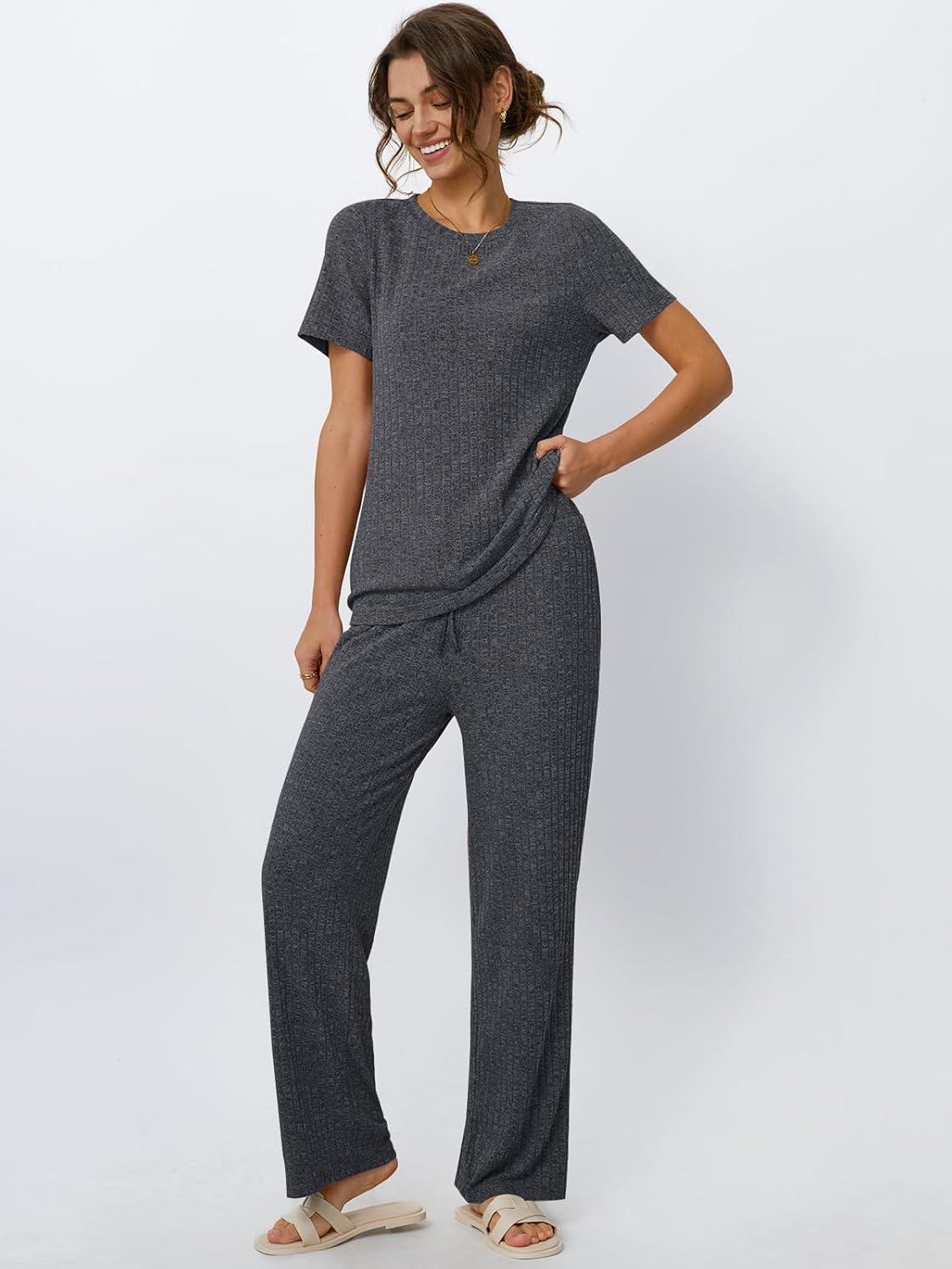 imageLILLUSORY 2 Piece Lounge Sets for Women Sweater Sets Airport Travel Outfits 2025 Sweat Suits Matching Wide Leg PantsBlackgrey
