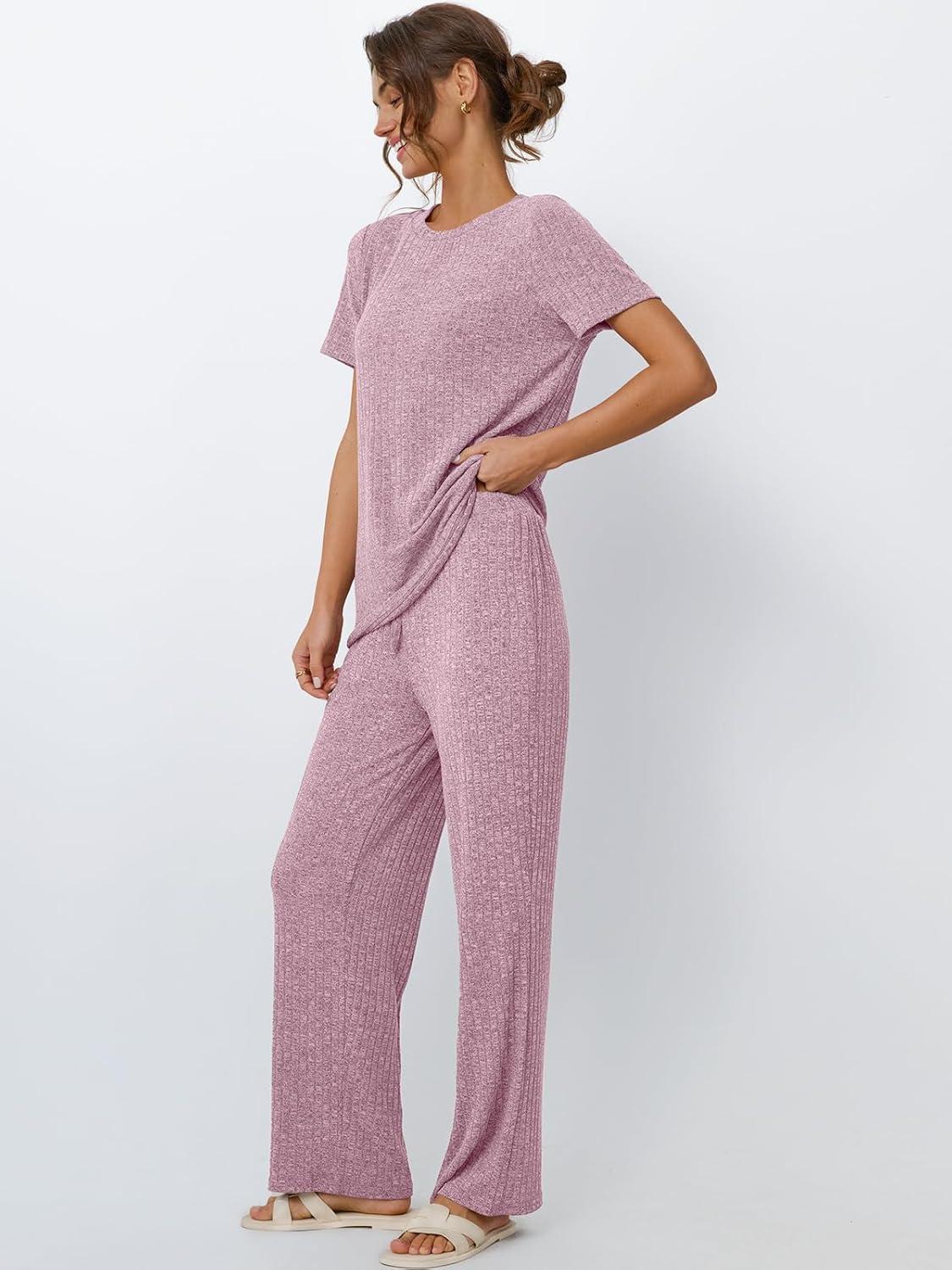 imageLILLUSORY 2 Piece Lounge Sets for Women Sweater Sets Airport Travel Outfits 2025 Sweat Suits Matching Wide Leg PantsDarkpink