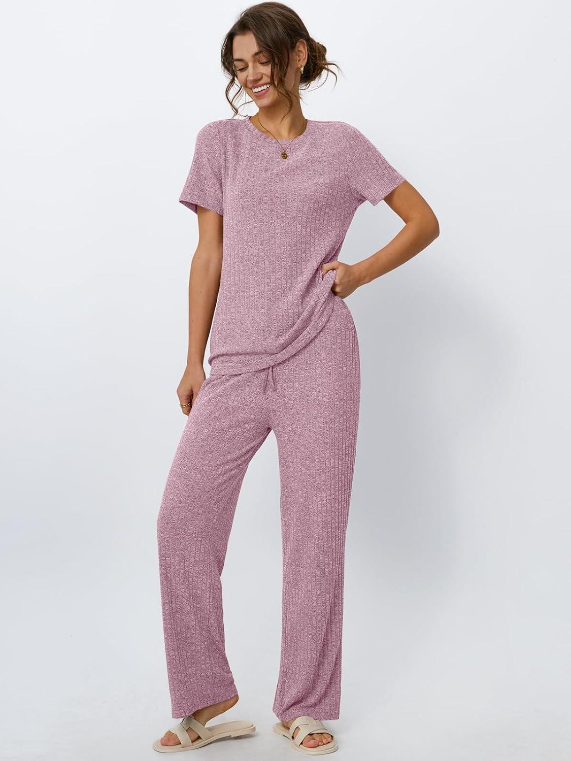 imageLILLUSORY 2 Piece Lounge Sets for Women Sweater Sets Airport Travel Outfits 2025 Sweat Suits Matching Wide Leg PantsDarkpink