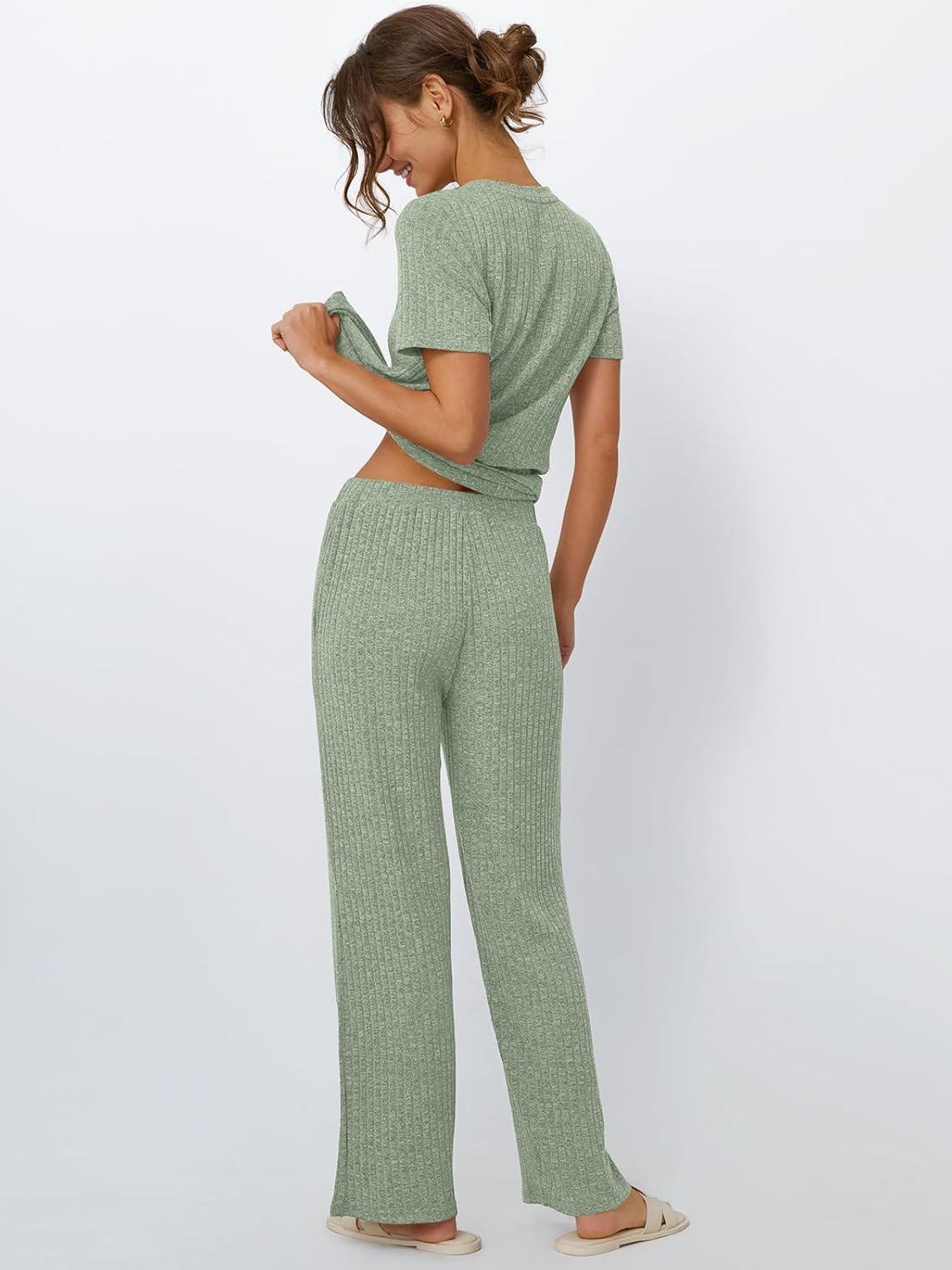 imageLILLUSORY 2 Piece Lounge Sets for Women Sweater Sets Airport Travel Outfits 2025 Sweat Suits Matching Wide Leg PantsGreen