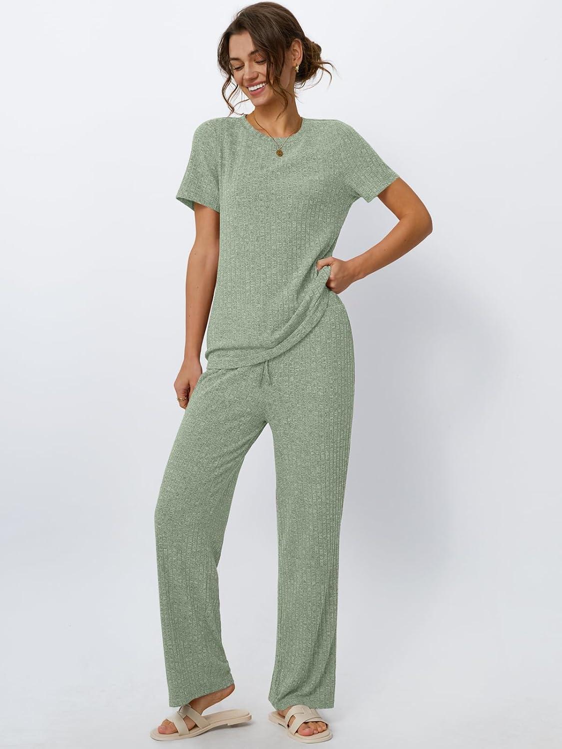 imageLILLUSORY 2 Piece Lounge Sets for Women Sweater Sets Airport Travel Outfits 2025 Sweat Suits Matching Wide Leg PantsGreen
