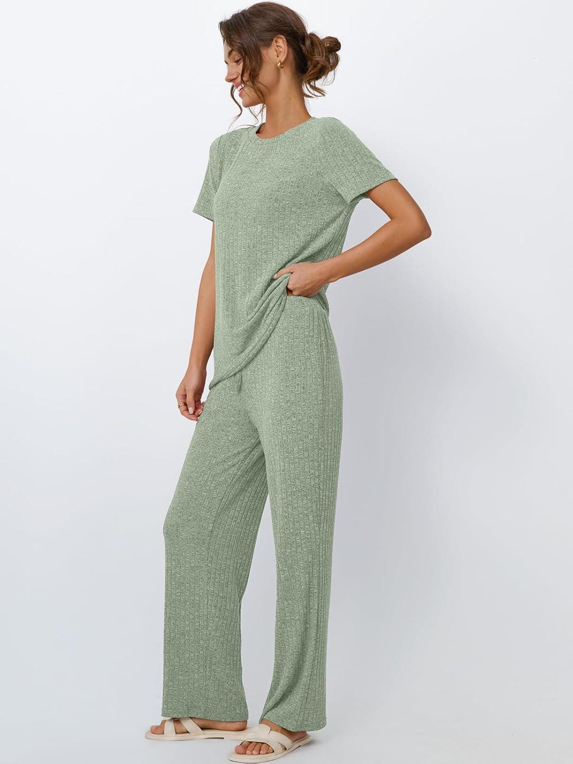 imageLILLUSORY 2 Piece Lounge Sets for Women Sweater Sets Airport Travel Outfits 2025 Sweat Suits Matching Wide Leg PantsGreen