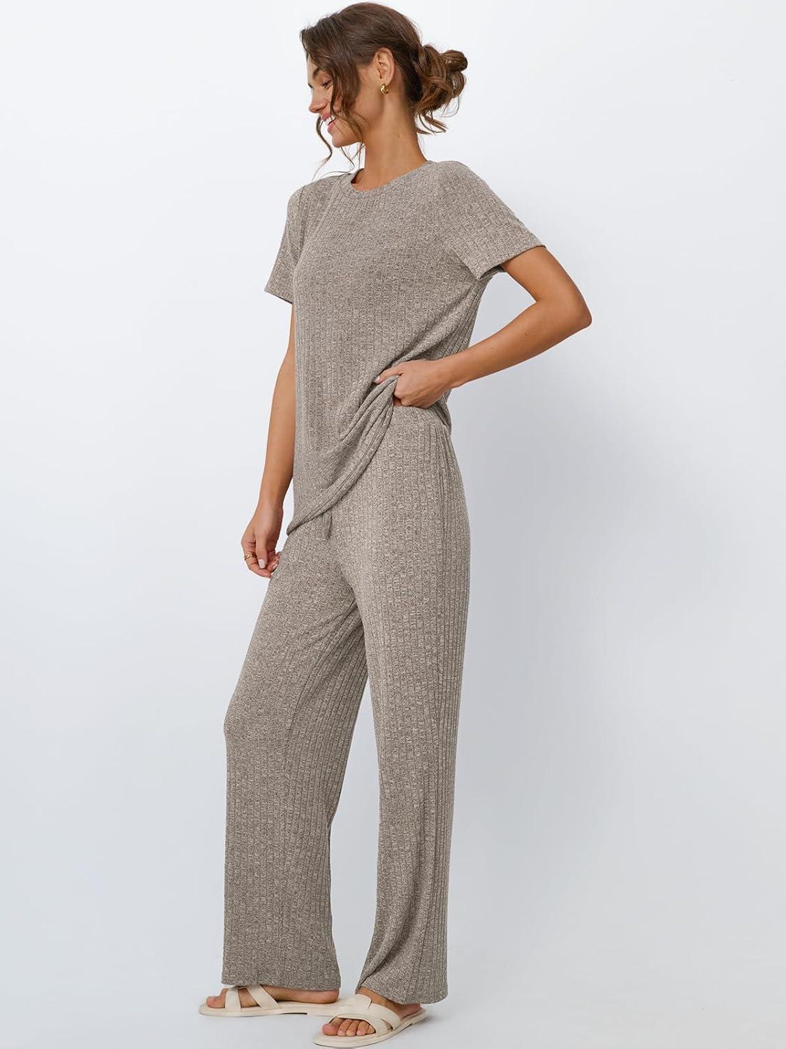 imageLILLUSORY 2 Piece Lounge Sets for Women Sweater Sets Airport Travel Outfits 2025 Sweat Suits Matching Wide Leg PantsKhaki