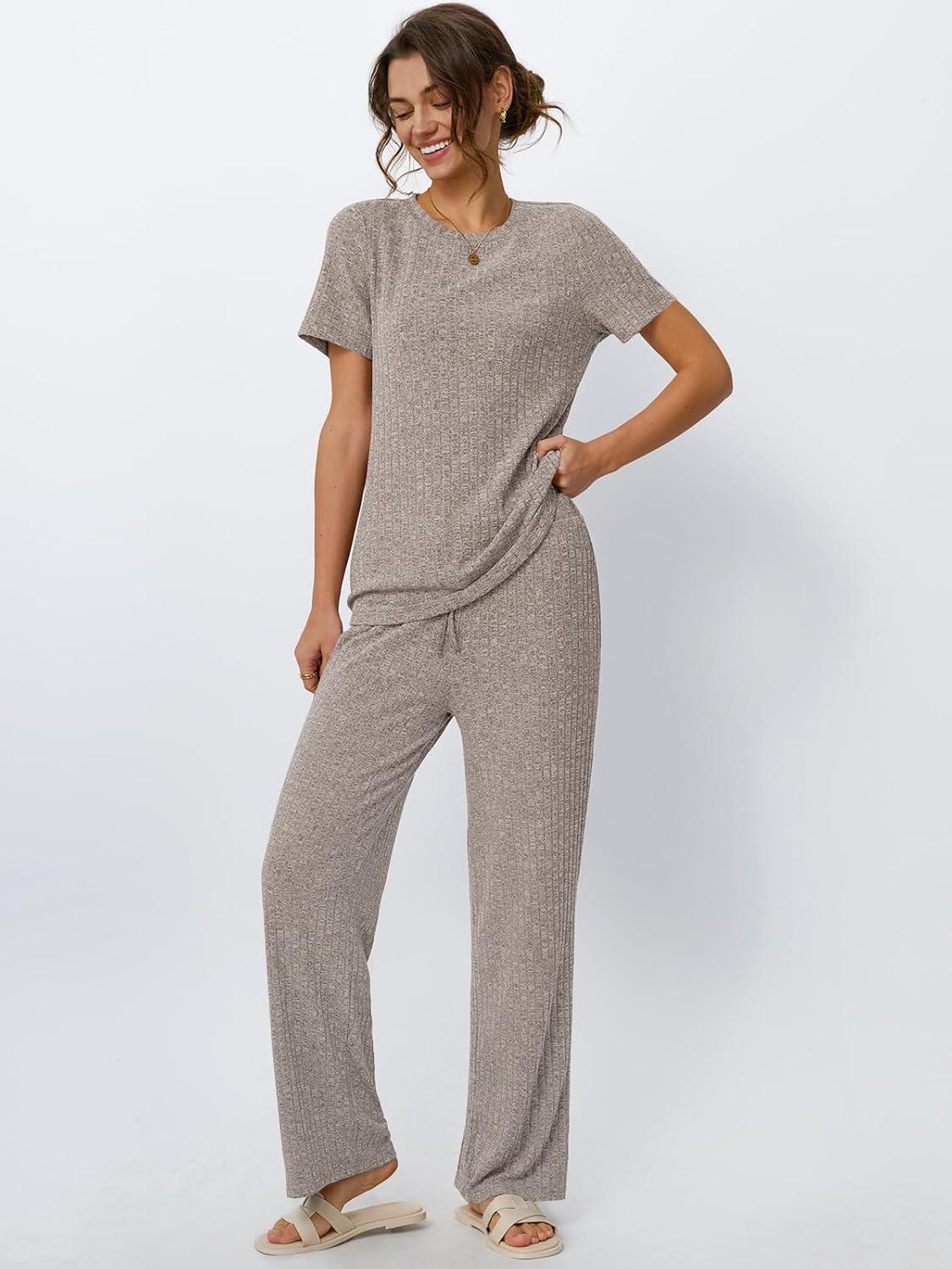 imageLILLUSORY 2 Piece Lounge Sets for Women Sweater Sets Airport Travel Outfits 2025 Sweat Suits Matching Wide Leg PantsKhaki