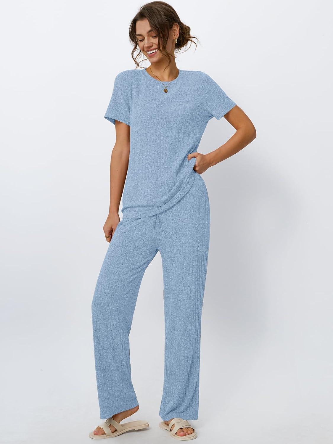 imageLILLUSORY 2 Piece Lounge Sets for Women Sweater Sets Airport Travel Outfits 2025 Sweat Suits Matching Wide Leg PantsLightblue