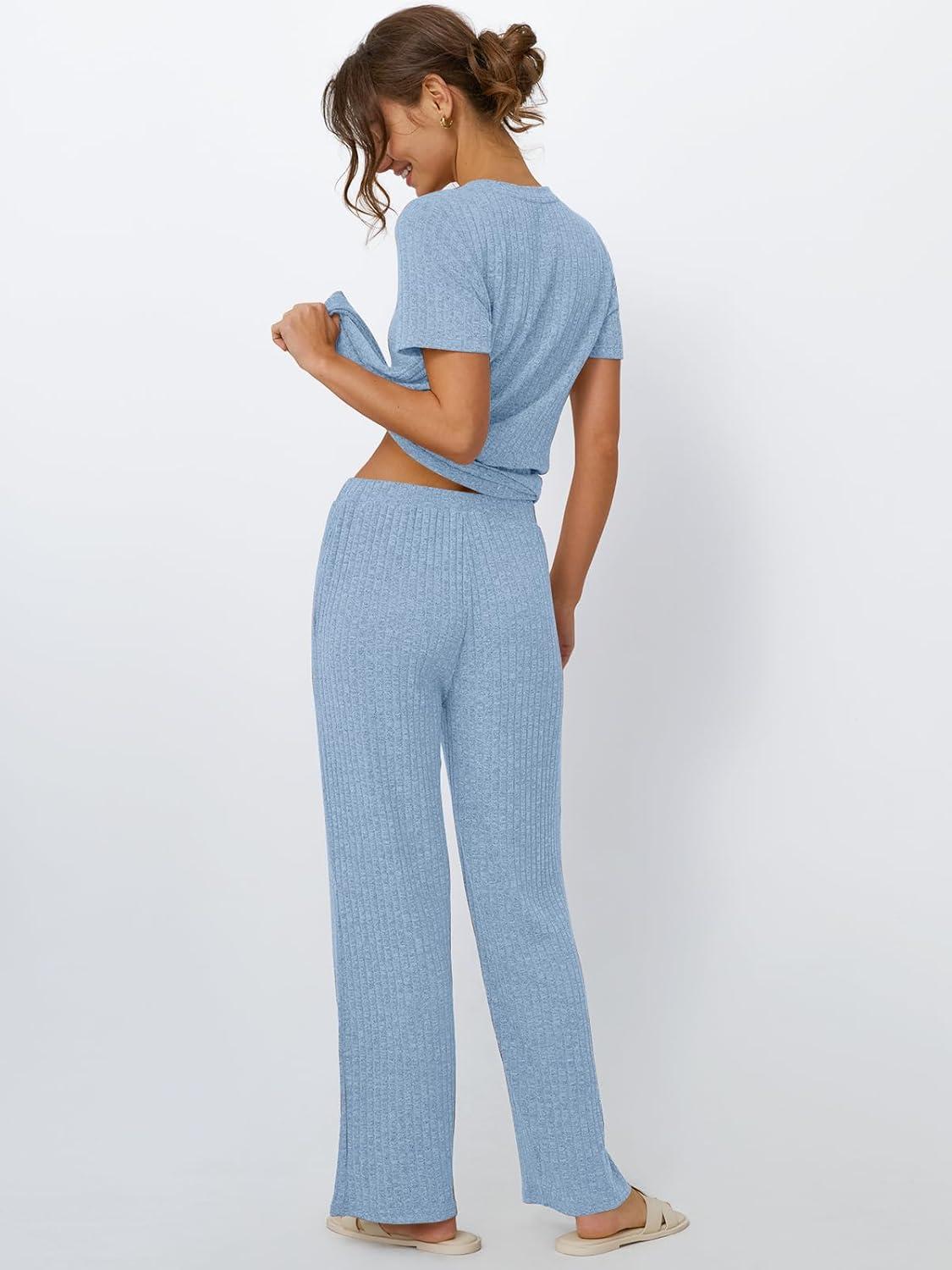 imageLILLUSORY 2 Piece Lounge Sets for Women Sweater Sets Airport Travel Outfits 2025 Sweat Suits Matching Wide Leg PantsLightblue