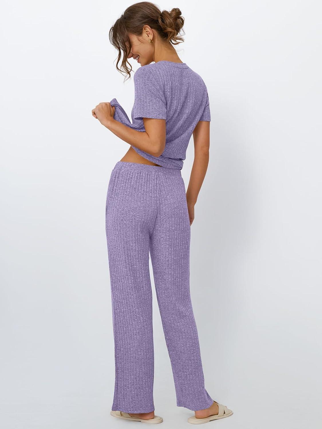 imageLILLUSORY 2 Piece Lounge Sets for Women Sweater Sets Airport Travel Outfits 2025 Sweat Suits Matching Wide Leg PantsPurple