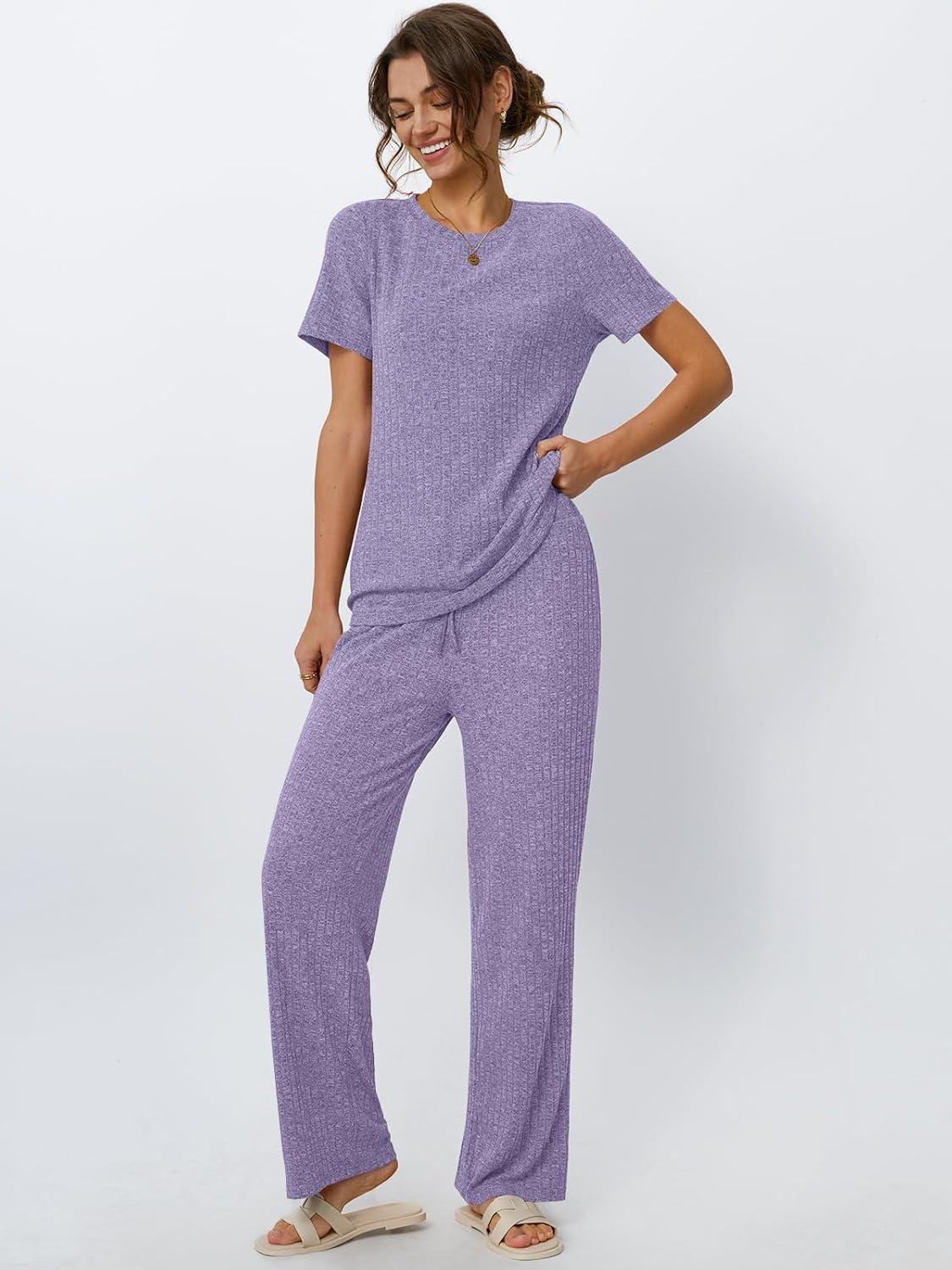 imageLILLUSORY 2 Piece Lounge Sets for Women Sweater Sets Airport Travel Outfits 2025 Sweat Suits Matching Wide Leg PantsPurple