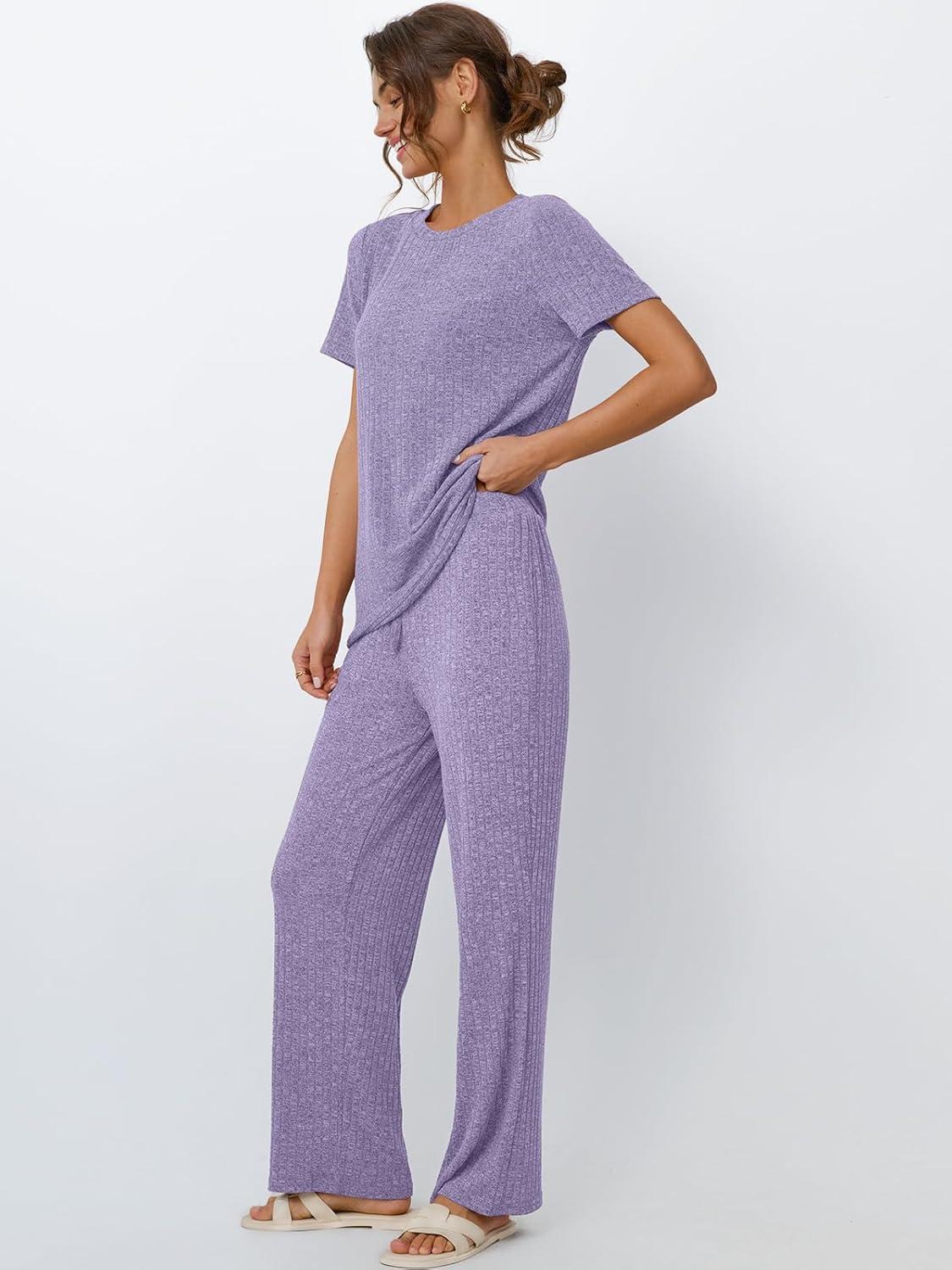 imageLILLUSORY 2 Piece Lounge Sets for Women Sweater Sets Airport Travel Outfits 2025 Sweat Suits Matching Wide Leg PantsPurple