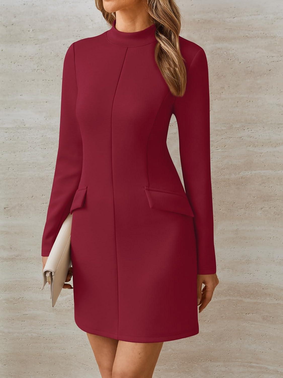 imageLILLUSORY Long Sleeve Semi Formal Date Night Fall Dresses Mini Elegant 2025 Wedding Guest Mock Neck Party Club OutfitRed