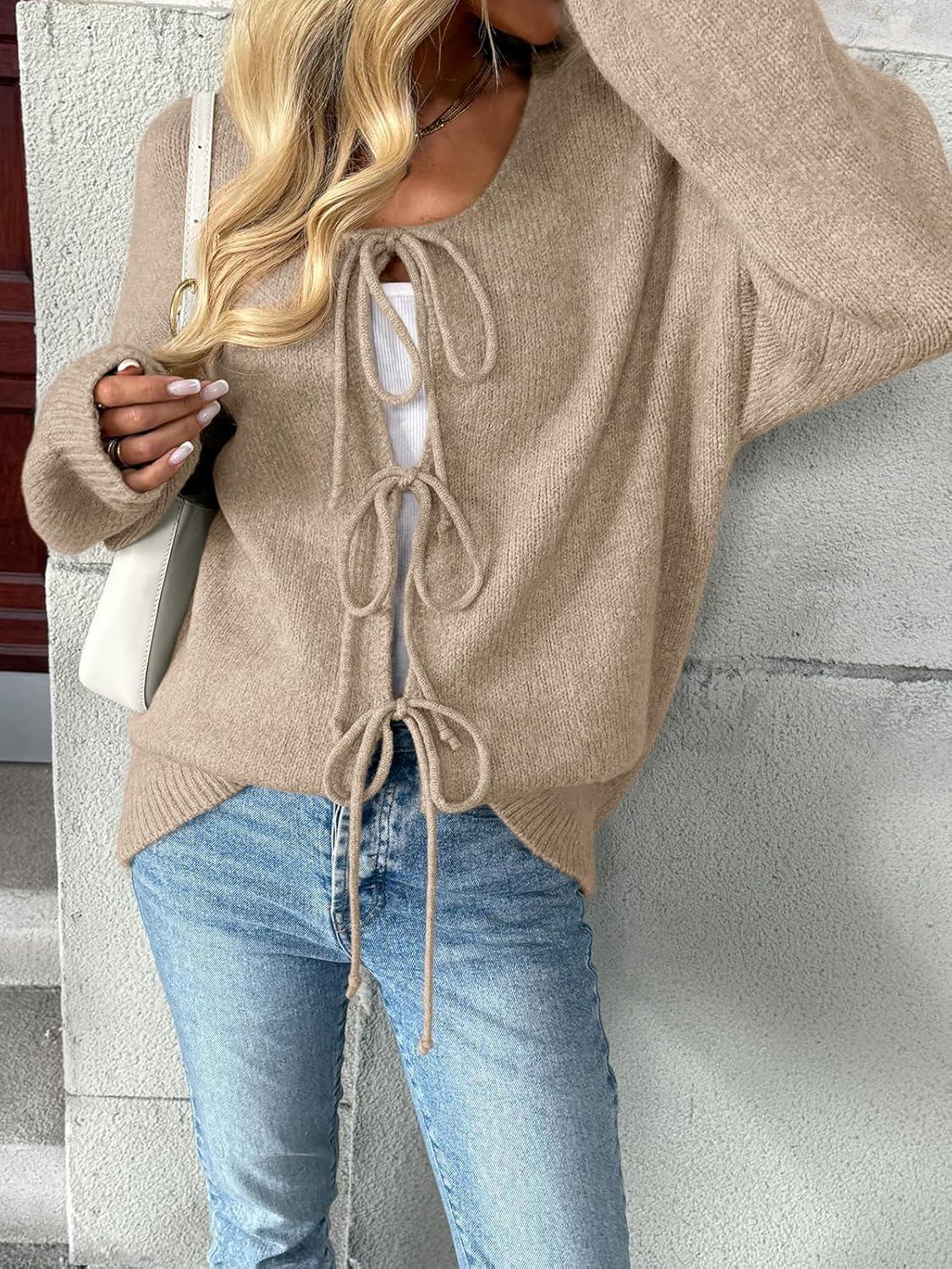 imageLILLUSORY Tie Front Cardigan Sweaters for Women Trendy 2025 Fall Fashion Outfits Puff Sleeve Bow Tops Cute Knit SweaterKhaki