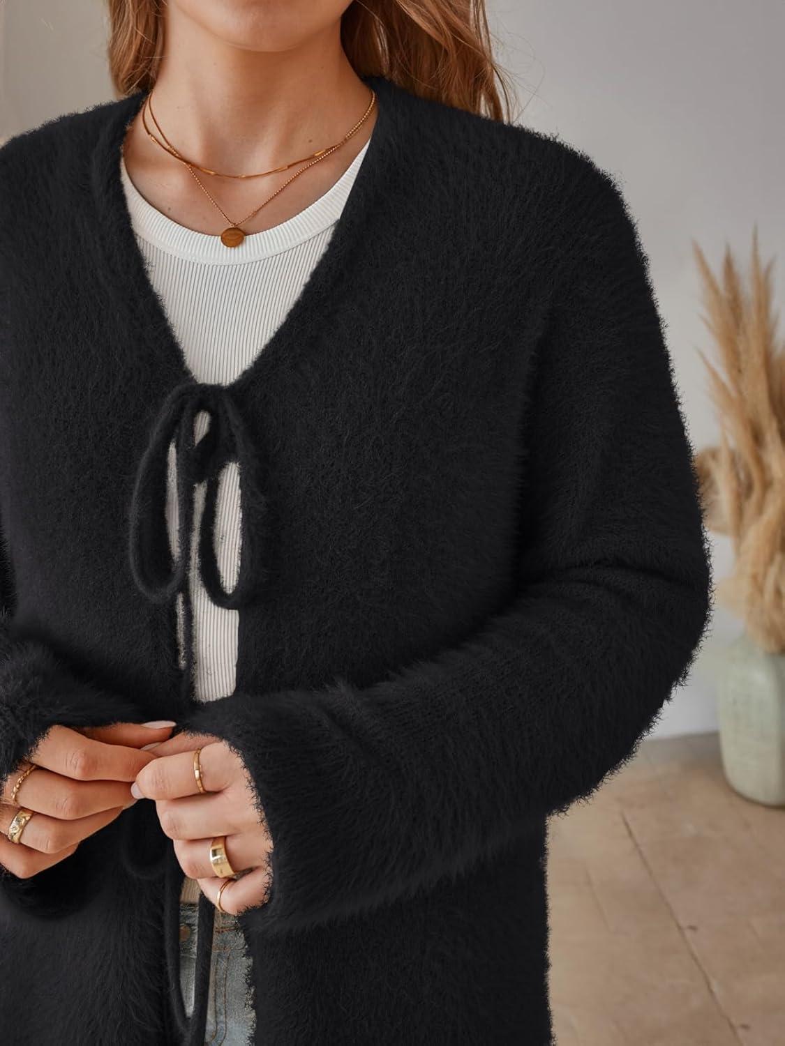 imageLILLUSORY Women Chunky Cardigan Sweater Fall Oversized Cozy Bow Tie Front Outfit V Neck Trendy Fashion Fuzzy ClothesBlack